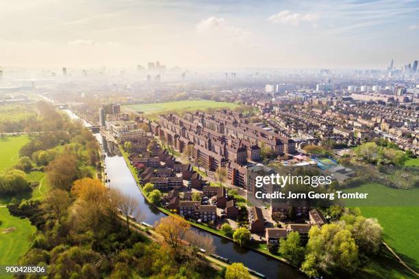 drone view of london shot at hackney marshes - london spring stock pictures, royalty-free photos & images