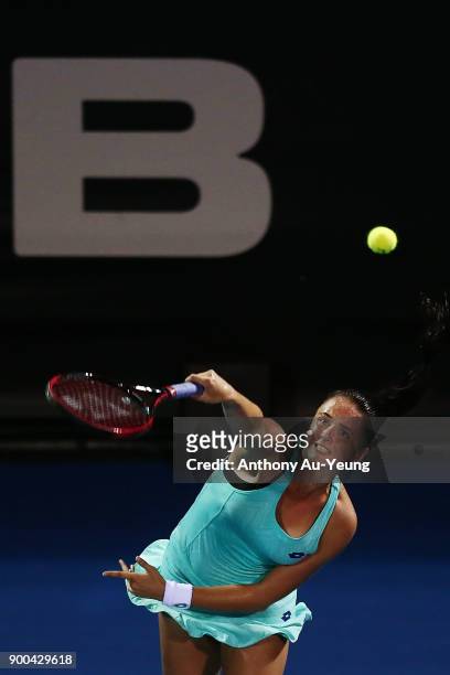 Viktoria Kuzmova of Slovakia serves in her match against Jade Lewis of New Zealand during day two of the ASB Women's Classic at ASB Tennis Centre on...