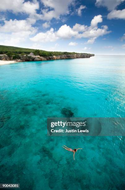 woman swimming off playa knip beach, curacao - knip beach stock pictures, royalty-free photos & images