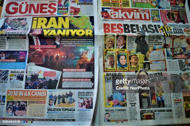 Photo taken in Ankara, Turkey on January 2, 2018 shows Turkish pro-government daily newspapers reacting over protests against the Iranian government...