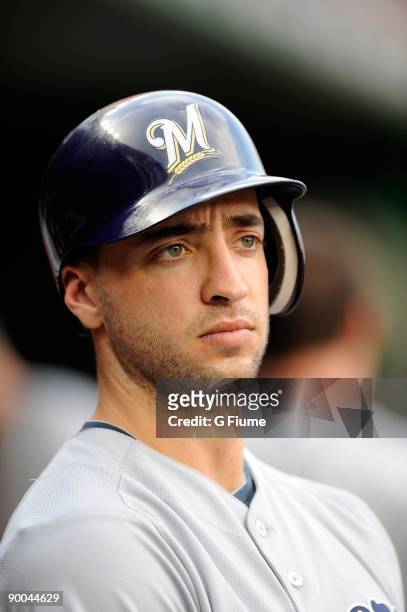 Ryan Braun of the Milwaukee Brewers watches the game against the Washington Nationals at Nationals Park on August 21, 2009 in Washington, DC.