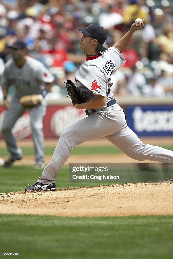 Boston Red Sox Junichi Tazawa in action, pitching vs Texas Rangers