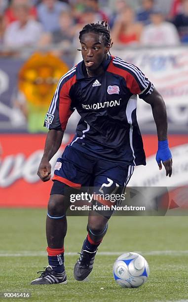 Shalrie Joseph of the New England Revolution looks to pass during the MLS match against Real Salt Lake August 23, 2009 at Gillette Stadium in...