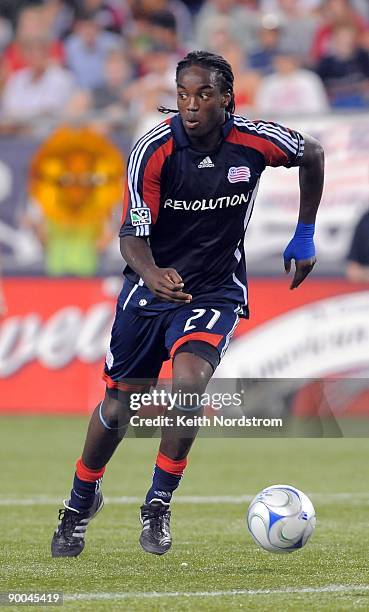 Shalrie Joseph of the New England Revolution dribbles during the MLS match against Real Salt Lake August 23, 2009 at Gillette Stadium in Foxborough,...