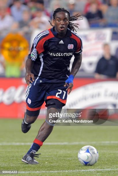 Shalrie Joseph of the New England Revolution dribbles during the MLS match against Real Salt Lake August 23, 2009 at Gillette Stadium in Foxborough,...