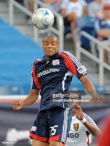 Darrius Barnes of the New England Revolution heads the ball during the MLS match against Real Salt Lake August 23, 2009 at Gillette Stadium in...