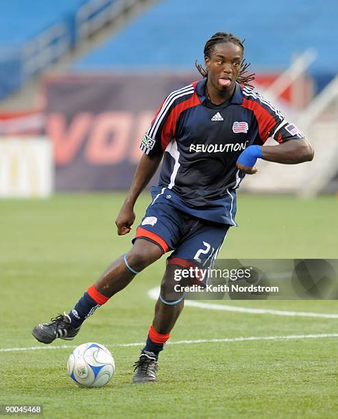 Shalrie Joseph of the New England Revolution dribbles during the MLS match against Real Salt Lake August 23, 2009 at Gillette Stadium in Foxborough,...