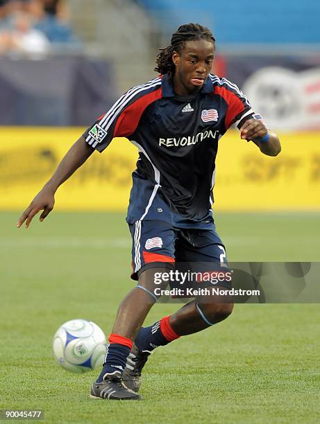 Shalrie Joseph of the New England Revolution dribbles during the MLS match against Real Salt Lake August 23, 2009 at Gillette Stadium in Foxborough,...