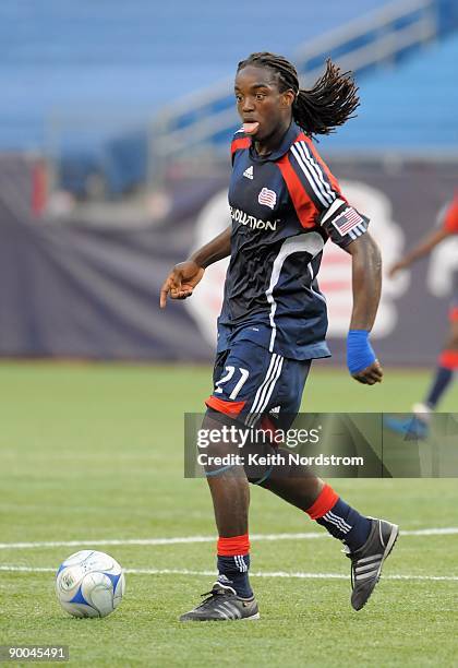 Shalrie Joseph of the New England Revolution looks to pass during the MLS match against Real Salt Lake August 23, 2009 at Gillette Stadium in...