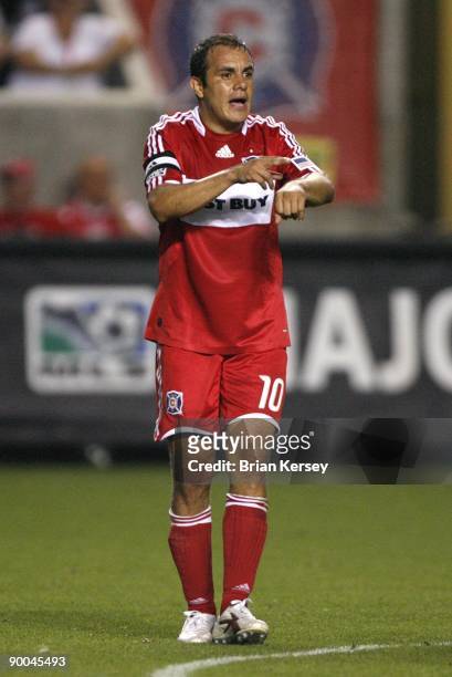 Cuauhtemoc Blanco of the Chicago Fire talks to the referee during the second half against the Los Angeles Galaxy at Toyota Park on August 19, 2009 in...