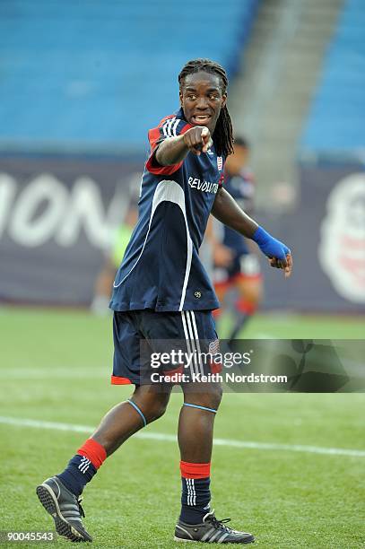 Shalrie Joseph of the New England Revolution reacts to play during the MLS match against Real Salt Lake August 23, 2009 at Gillette Stadium in...