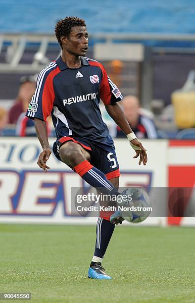 Emmanuel Osei of the New England Revolution kicks the ball during the MLS match against Real Salt Lake August 23, 2009 at Gillette Stadium in...