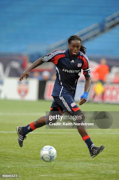 Shalrie Joseph of the New England Revolution dribbles during the MLS match against Real Salt Lake August 23, 2009 at Gillette Stadium in Foxborough,...