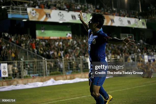 India�s football Captain Baichung Bhutia recieves a standing ovation by indian fans at India v/s Kyrgyzstan international football match hosted by...