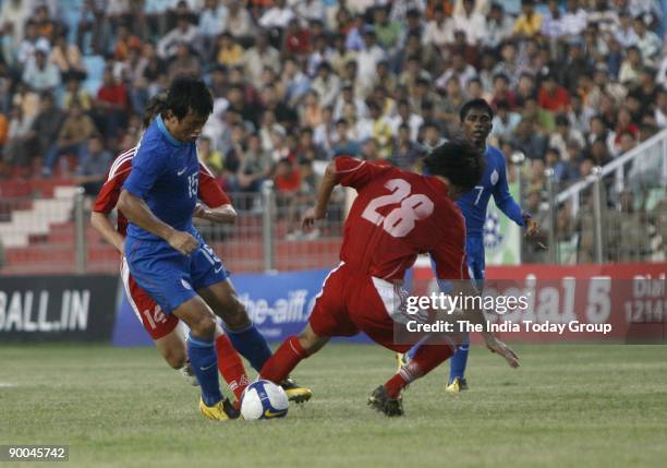 India�s football Captain Baichung Bhutia at India v/s Kyrgyzstan international football match hosted by petroleum major Oil and Natural Gas...