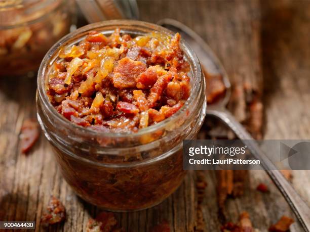 gourmet, bacon jam - mason jar stock pictures, royalty-free photos & images