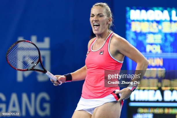 Timea Babos of Hungary celebrates a point during the match against Magda Linette of Poland during Day 3 of 2018 WTA Shenzhen Open at Longgang...