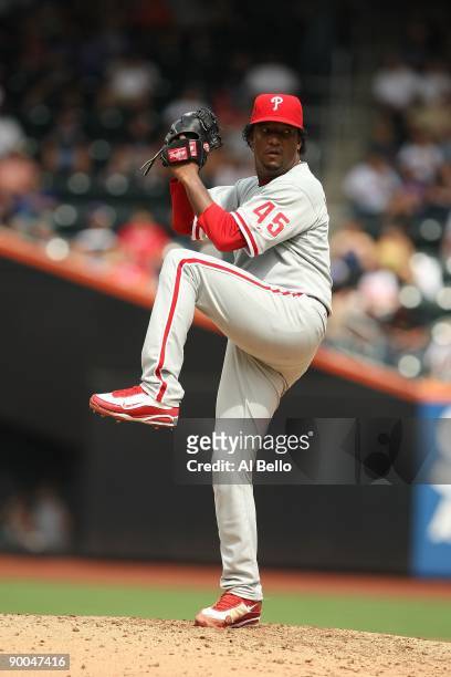Pedro Martinez of the Philadelphia Phillies pitches against The New York Mets during their game on August 23, 2009 at Citi Field in the Flushing...