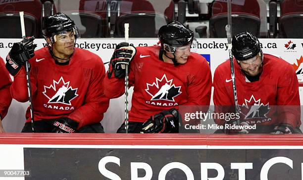 The forward line of, from left, Jarome Iginla, Sidney Crosby and Rick Nash during the second practice of the Team Canada Olympic Orientation Camp on...