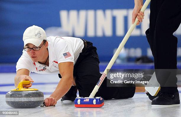 Adam Nathan of the USA competes in the Men's Curling during day four of the Winter Games NZ at Maniototo Ice Rink on August 25, 2009 in Naseby, New...