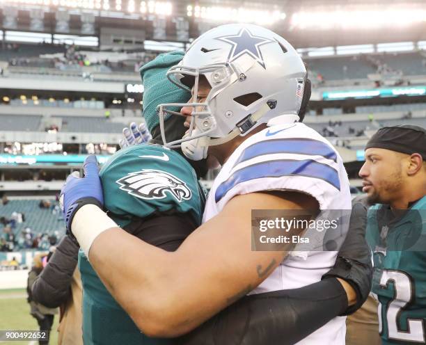 Nick Foles of the Philadelphia Eagles and Dak Prescott of the Dallas Cowboys at Lincoln Financial Field on December 31, 2017 in Philadelphia,...