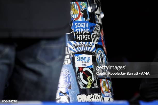 General view of a drum with Huddersfield Town stickers on is seen during the Premier League match between Huddersfield Town and Burnley at John...