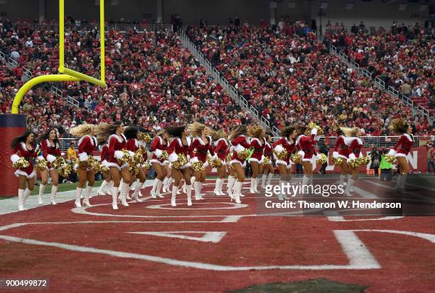 The San Francisco 49ers cheerleaders the "Gold Rush" performs during an NFL football game against the Jacksonville Jaguars at Levi's Stadium on...