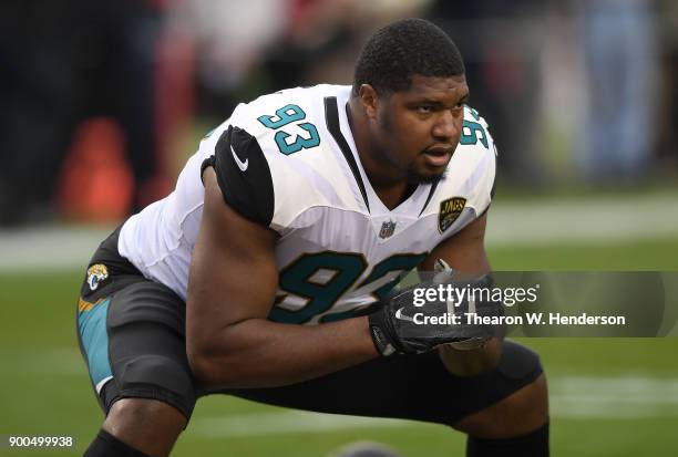 Calais Campbell of the Jacksonville Jaguars warms up during pregame warm ups prior to the start of an NFL football game against the San Francisco...