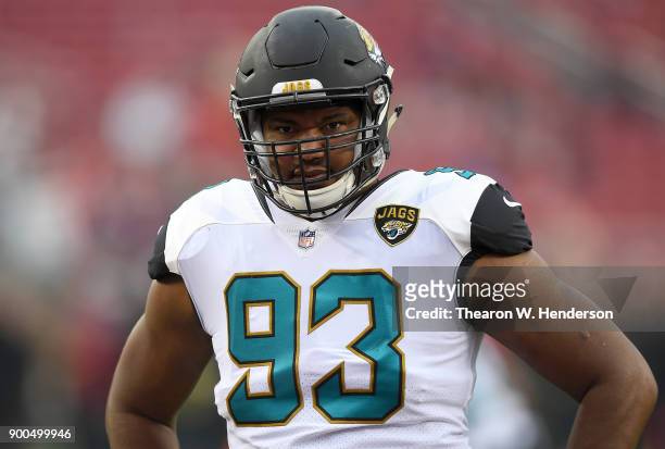 Calais Campbell of the Jacksonville Jaguars looks on during pregame warm ups prior to the start of an NFL football game against the San Francisco...