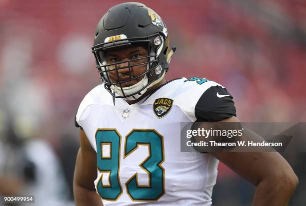 Calais Campbell of the Jacksonville Jaguars looks on during pregame warm ups prior to the start of an NFL football game against the San Francisco...