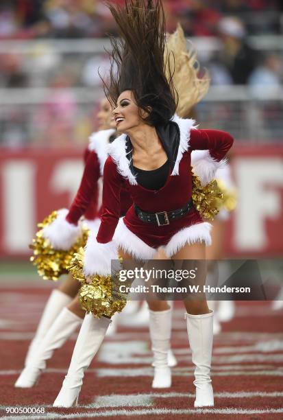 The San Francisco 49ers cheerleaders the "Gold Rush" performs during an NFL football game against the Jacksonville Jaguars at Levi's Stadium on...