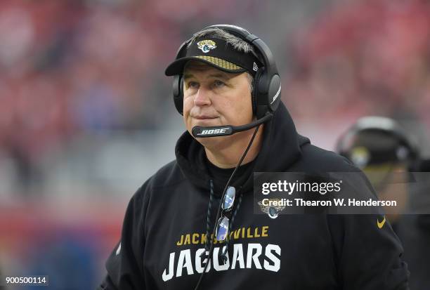 Head coach Doug Marrone of the Jacksonville Jaguars looks on from the sidelines against the San Francisco 49ers during an NFL football game at Levi's...