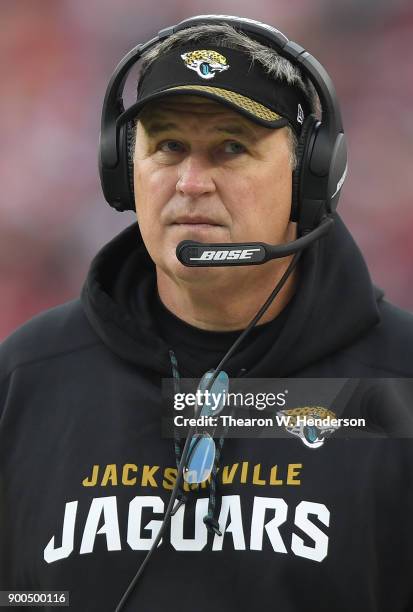 Head coach Doug Marrone of the Jacksonville Jaguars looks on from the sidelines against the San Francisco 49ers during an NFL football game at Levi's...