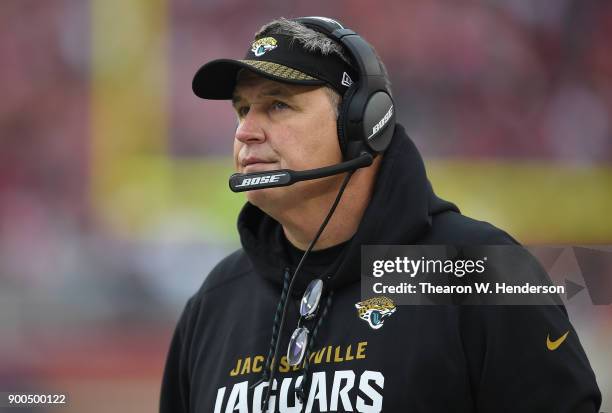 Head coach Doug Marrone of the Jacksonville Jaguars looks on from the sidelines against the San Francisco 49ers during an NFL football game at Levi's...