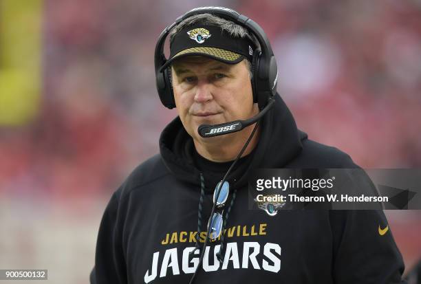Head coach Doug Marrone of the Jacksonville Jaguars looks on from the sidelines against the San Francisco 49ers during an NFL football game at Levi's...