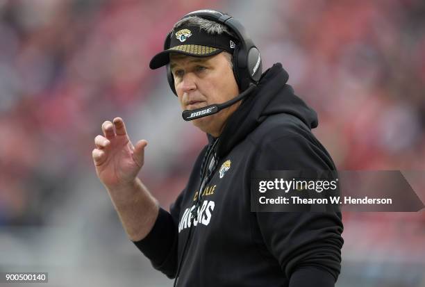 Head coach Doug Marrone of the Jacksonville Jaguars looks on from the sidelines against the San Francisco 49ers during an NFL football game at Levi's...