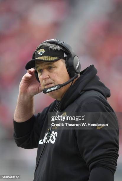 Head coach Doug Marrone of the Jacksonville Jaguars looks on from the sidelines against the San Francisco 49ers during an NFL football game at Levi's...