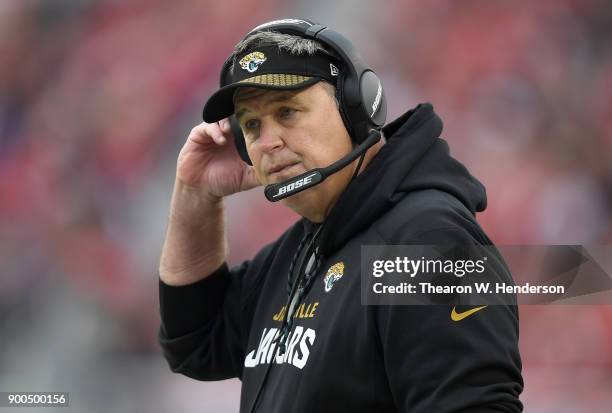 Head coach Doug Marrone of the Jacksonville Jaguars looks on from the sidelines against the San Francisco 49ers during an NFL football game at Levi's...