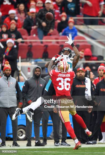 Dontae Johnson of the San Francisco 49ers is called for pass interference on Jaelen Strong of the Jacksonville Jaguars during their NFL football game...