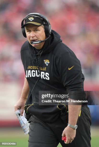 Head coach Doug Marrone of the Jacksonville Jaguars looks on from the sidelines against the San Francisco 49ers during an NFL football game at Levi's...