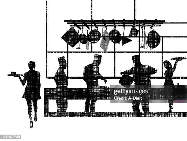 crosshatch commercial kitchen - frying pan white background stock illustrations