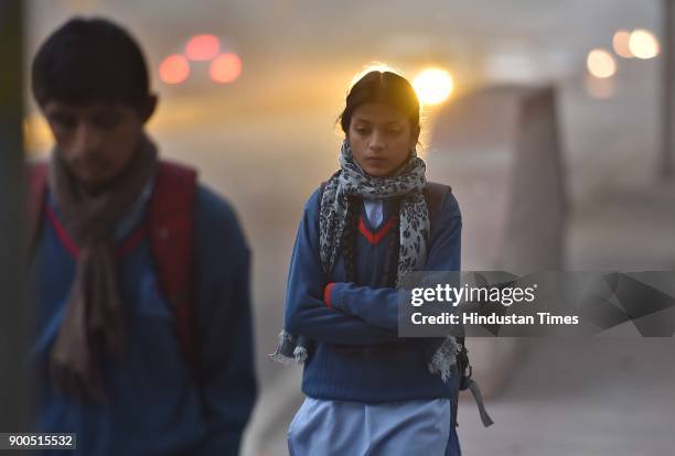 People brave through a cold weather amid heavy fog at Mother Crescent Marg, on January 2, 2018 in New Delhi, India. Cold wave conditions continued to...