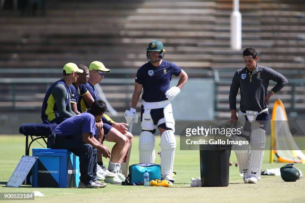 De Villeirs and Quinton de Kock during the South African national cricket team training session at PPC Newlands on January 02, 2018 in Cape Town,...