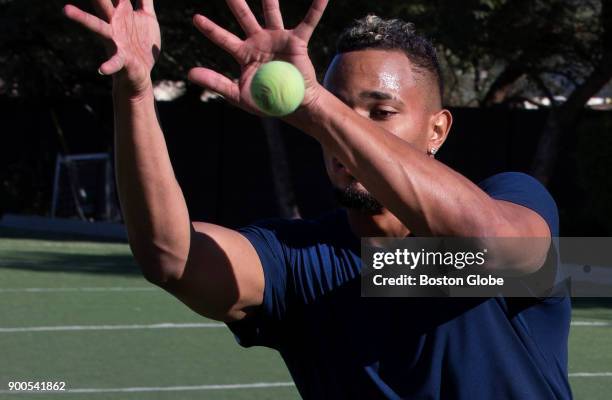 Boston Red Sox player Xander Bogaerts does reactive ball work while training at EXOS, an elite athlete training center in Phoenix, AZ on Dec. 13,...