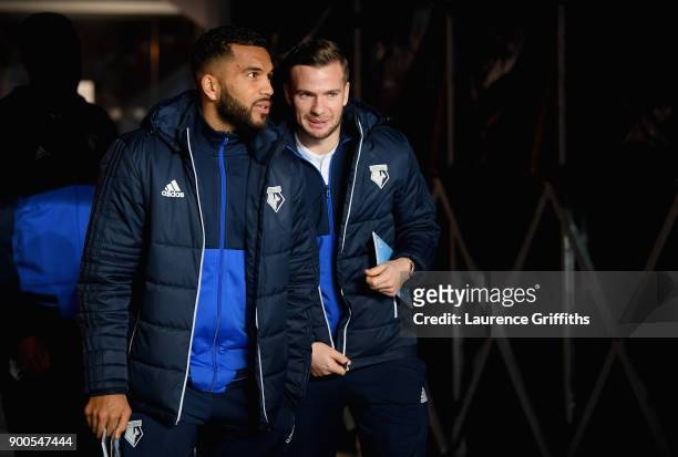 Jerome Sinclair of Watford and Tom Cleverley of Watford arrive at the stadium prior to the Premier League match between Manchester City and Watford...