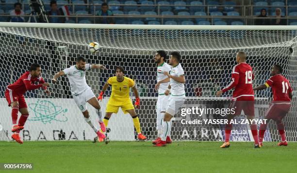 S Mohammed Marzooq attempts a shot at goal during the 2017 Gulf Cup of Nations semi-final football match between Iraq and UAE at the Sheikh Jaber...