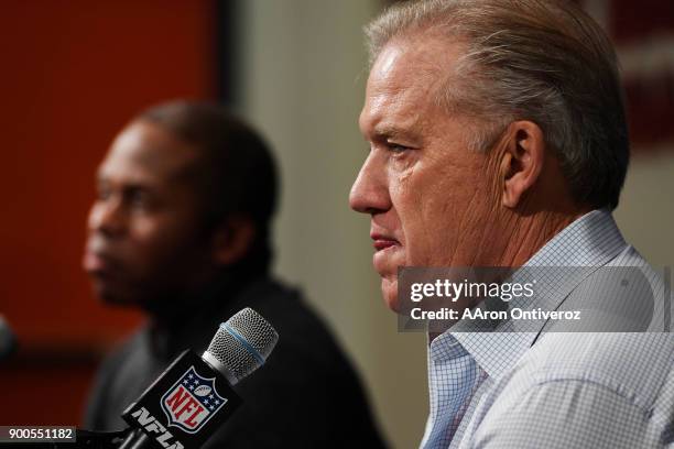 Denver Broncos head coach Vance Joseph and executive vice president of football operations John Elway address the media to close out the season on...