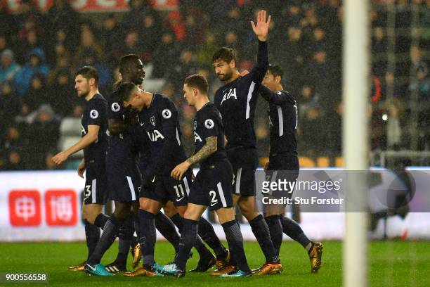 Fernando Llorente of Tottenham Hotspur celebrates after scoring his sides first goal with his Tottenham Hotspur team mates during the Premier League...