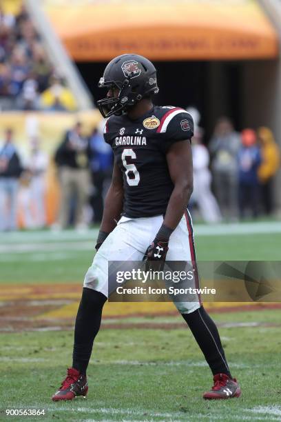 South Carolina Gamecocks linebacker T.J. Brunson during the 2018 Outback Bowl between the Michigan Wolverines and South Carolina Gamecocks on January...