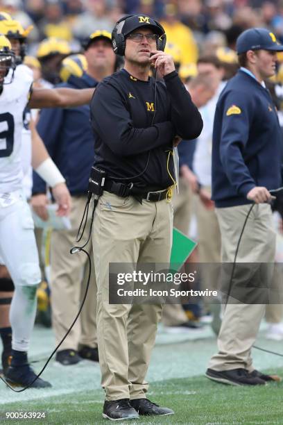 Michigan Wolverines head coach Jim Harbaugh during the 2018 Outback Bowl between the Michigan Wolverines and South Carolina Gamecocks on January 01,...